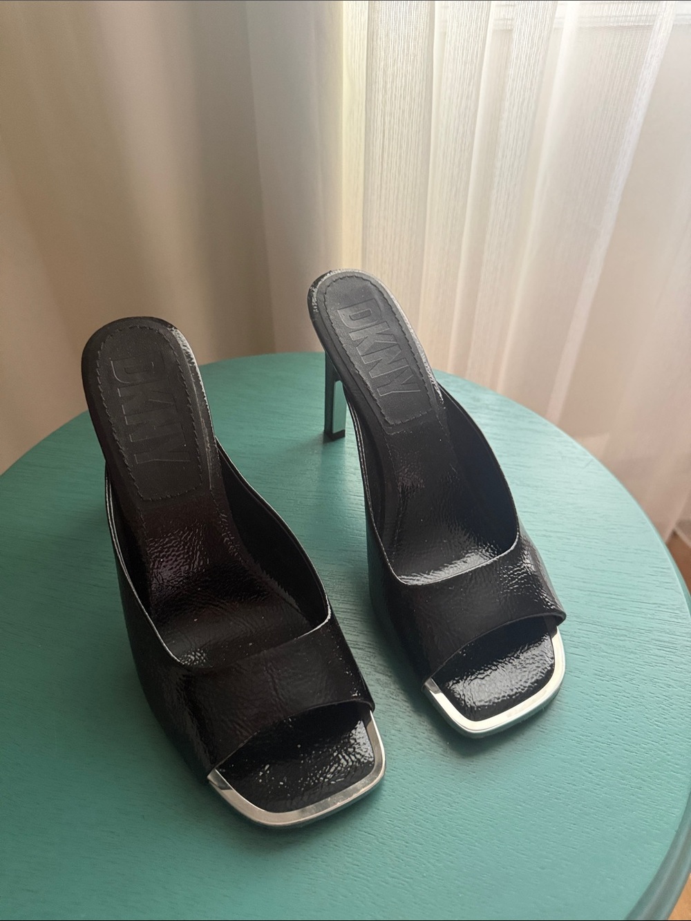 DKNY Black Patent Open-Toe Mule Heels with Silver Trim